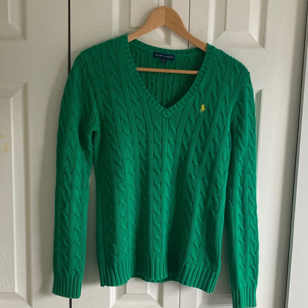 RALPH LAUREN Green V-Neck Cable Knit Sweater Medium